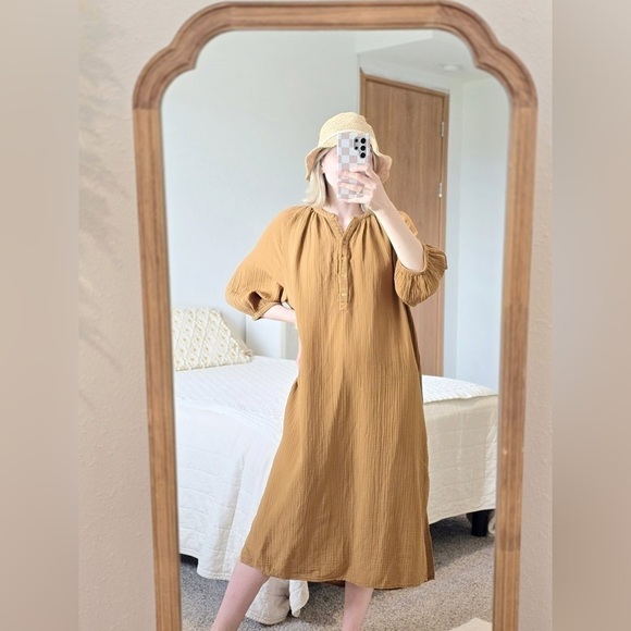Sundry Anthropologie Henley Boho Brown Loose Cotton Gauze Midi Dress Small Brown - Picture 4 of 10